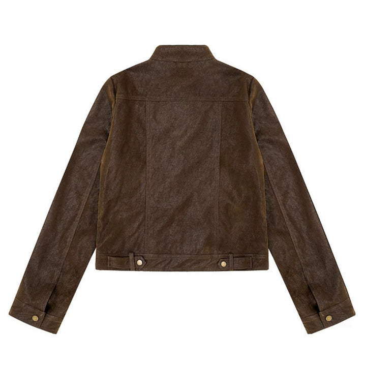 Women Short Cut Faux Leather Jacket in Vintage Moto Style Amarae