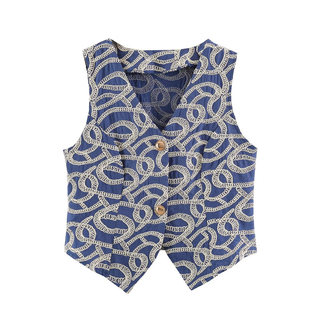 Women Tailored Short Vest with V-Neck and Decorative Embroidery Amarae