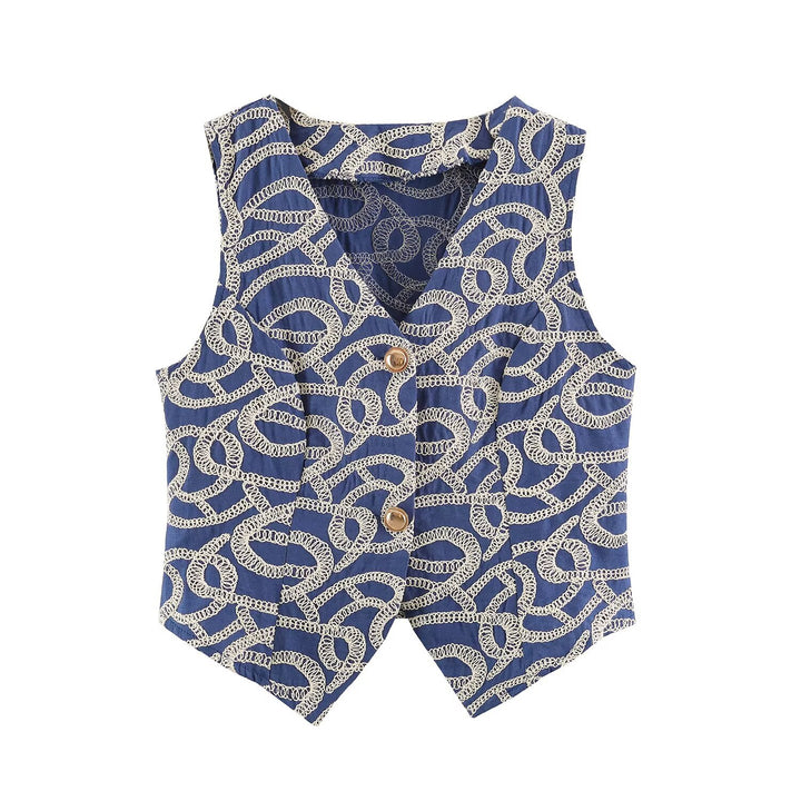 Women Tailored Short Vest with V-Neck and Decorative Embroidery Amarae