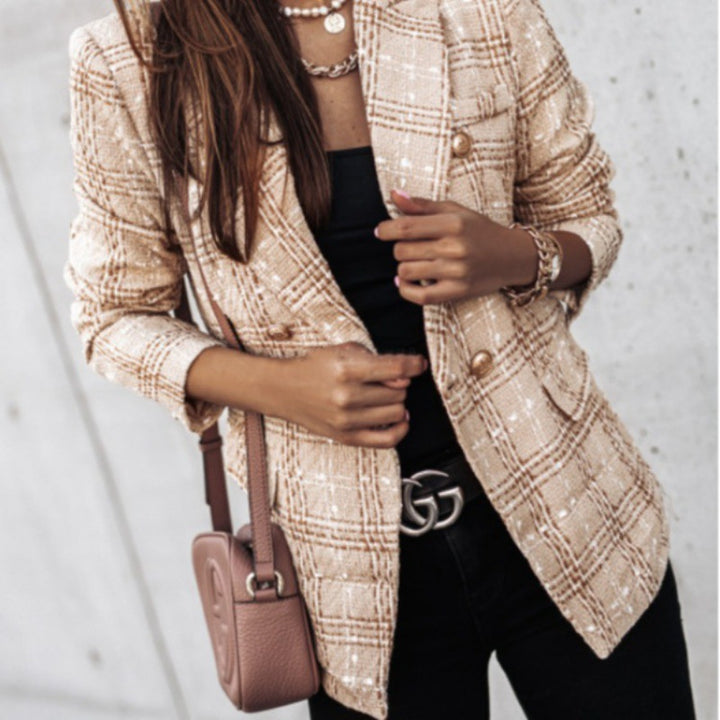 Plaid jacket for women with gold buttons and textured fabric Lune London