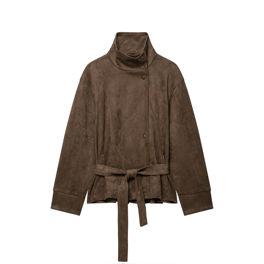 Women Short Velvet Look Jacket with High Funnel Neck, Snap Button Placket and Tie Belt Amarae