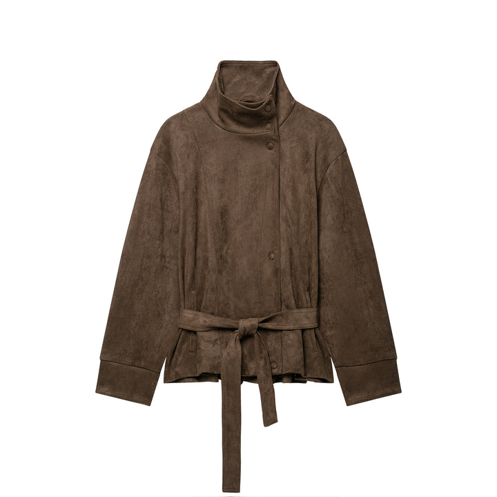 Women Short Velvet Look Jacket with High Funnel Neck, Snap Button Placket and Tie Belt Amarae