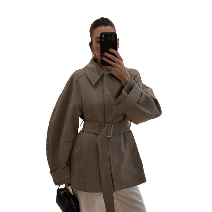 Women's Short Trench Coat with Waist Belt, Dropped Shoulder and Voluminous Balloon Sleeves Amarae