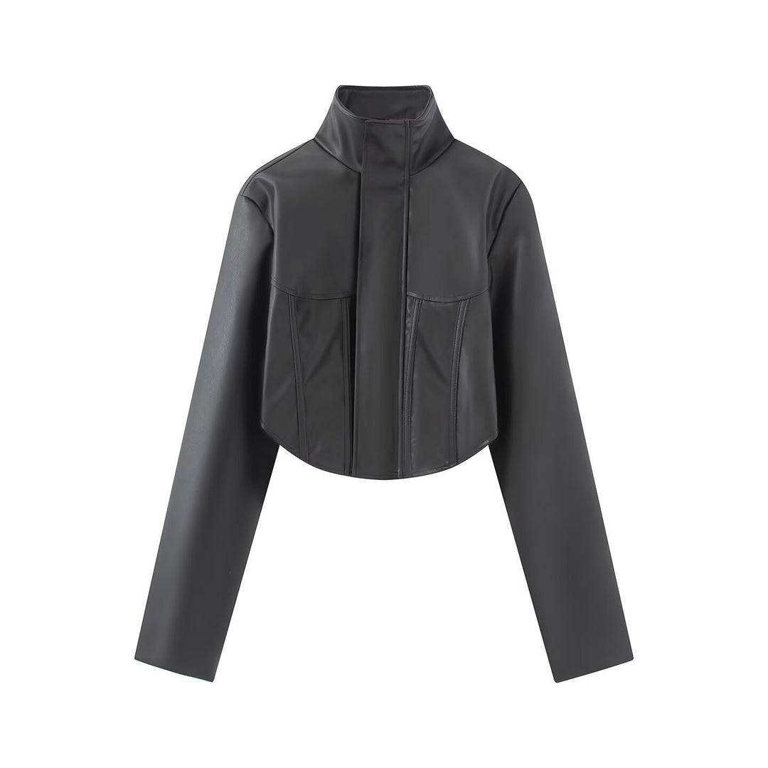 Ladies Cropped Leather-look Jacket with Tailored Corset Division and Standing Collar Amarae