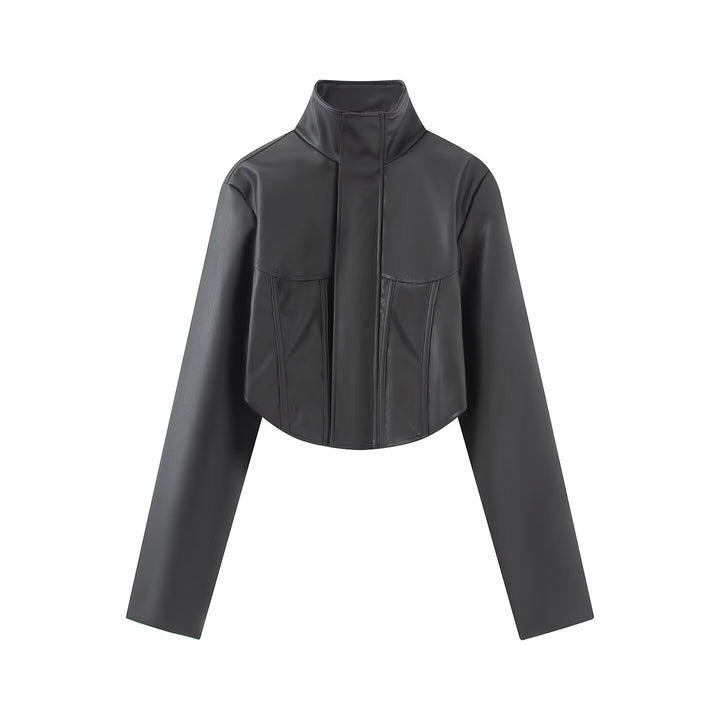 Ladies Cropped Leather-look Jacket with Tailored Corset Division and Standing Collar Amarae