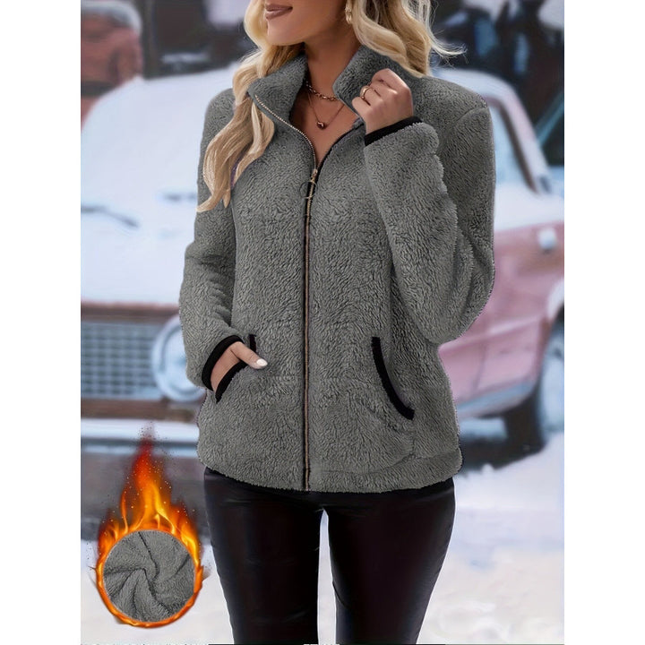 Women's thermal sherpa fleece jacket with stand-up collar, contrast edges and ring zipper Amarae