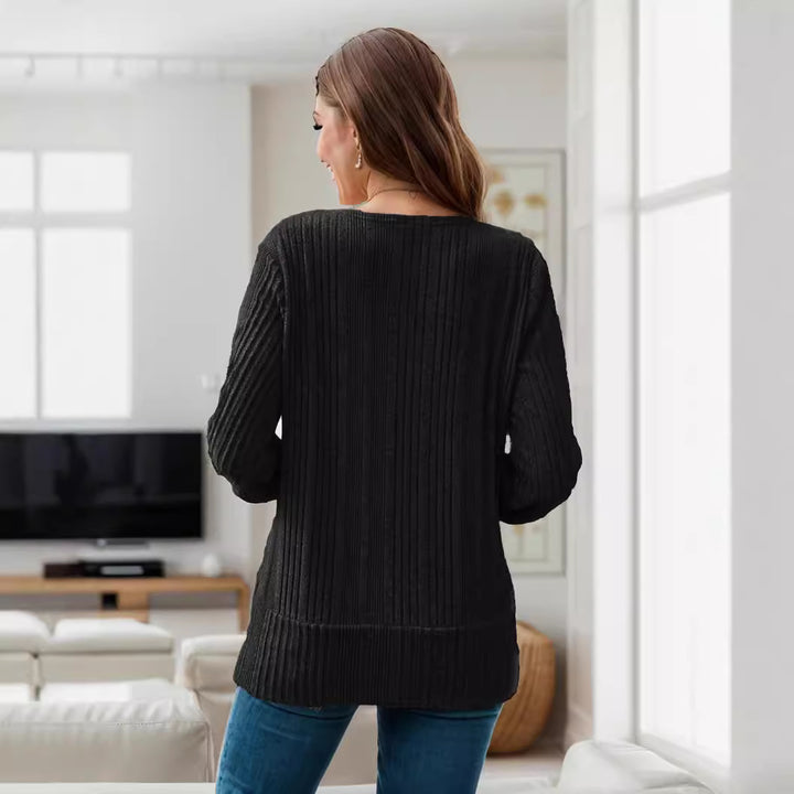 Casual women's knit sweater with deep V-neck and ribbed structure Lune London