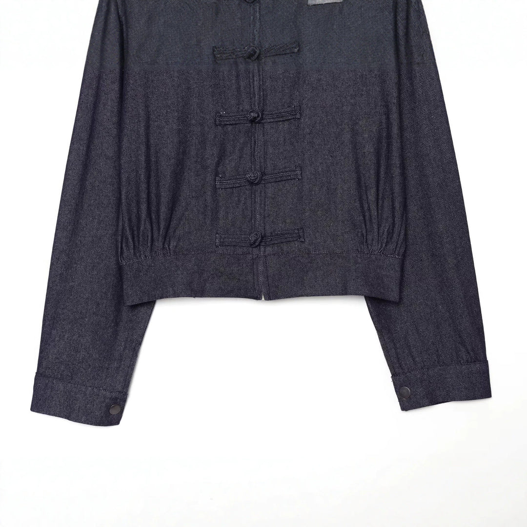 Women's Cropped Jeans Jacket in China Style with Mandarin Collars and Knot Closures Amarae