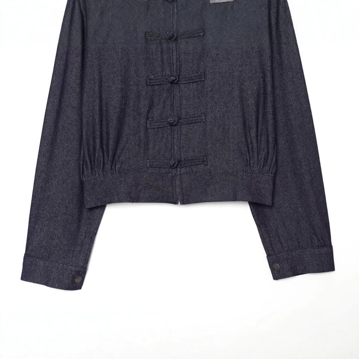 Women's Cropped Jeans Jacket in China Style with Mandarin Collars and Knot Closures Amarae