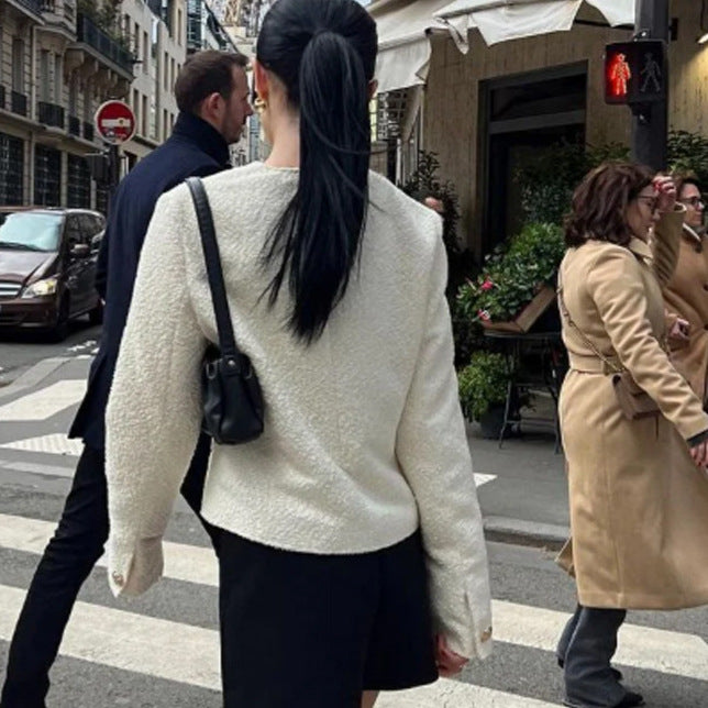 Women's Boucle Jacket with Gold-Embellished Buttons and Boxy Cropped Cut Amarae