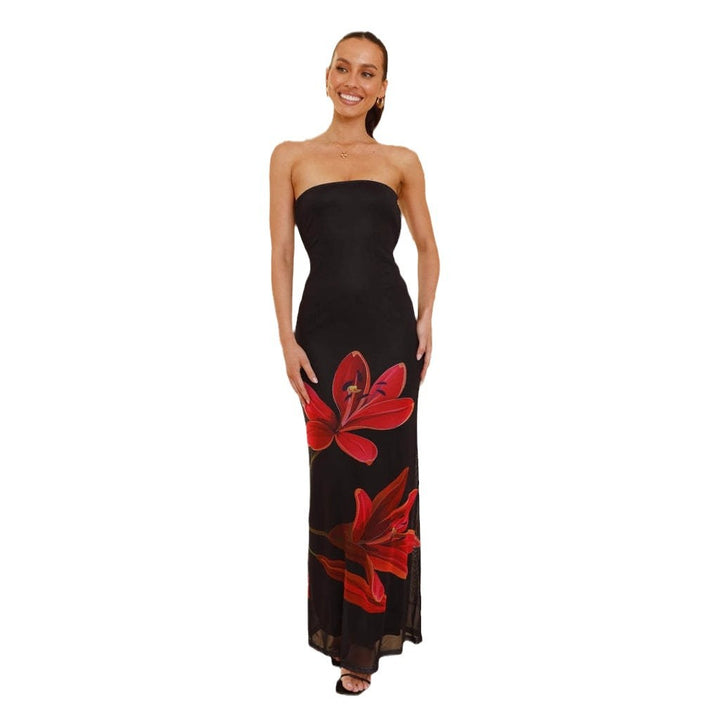 Women's maxi dress with chic floral decoration and strapless design
