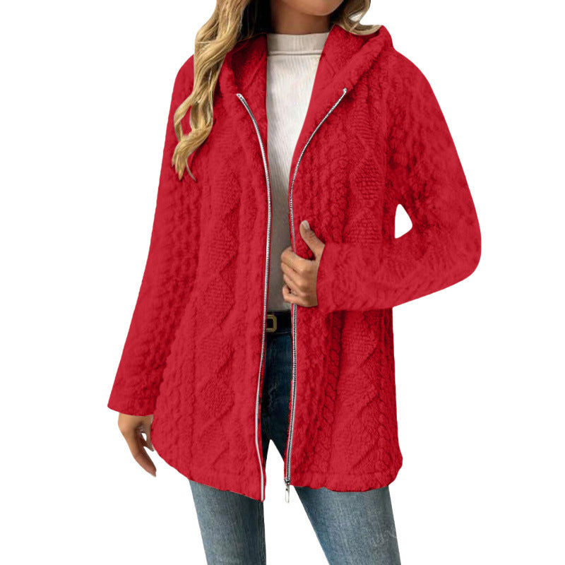Women's Hooded Sherpa Jacket with Cable Pattern, Medium Length and Two-Way Zipper Amarae
