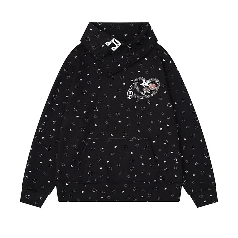 Women’s oversized sweatshirt with asymmetrical stand-up collar, kangaroo pocket and musical heart embroidery Amarae