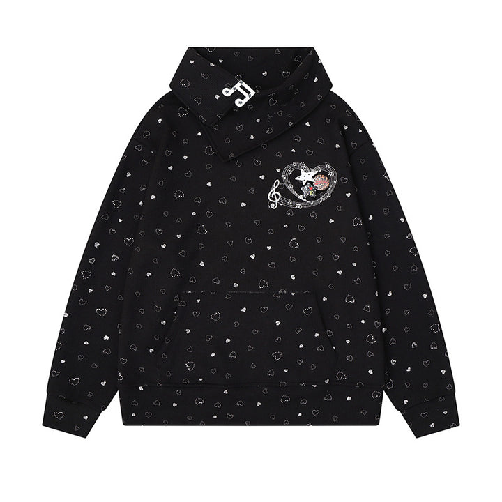 Women’s oversized sweatshirt with asymmetrical stand-up collar, kangaroo pocket and musical heart embroidery Amarae