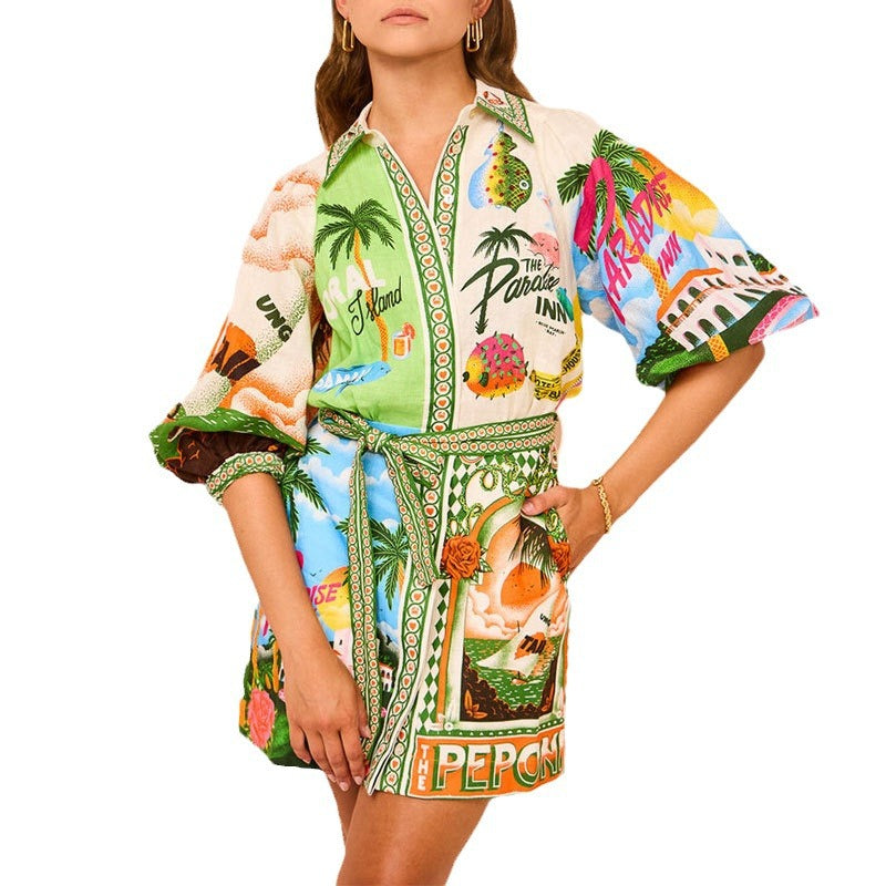 Robe chemise pour femmes avec motif tropical coloré et ceinture à la taille Chic & Stil