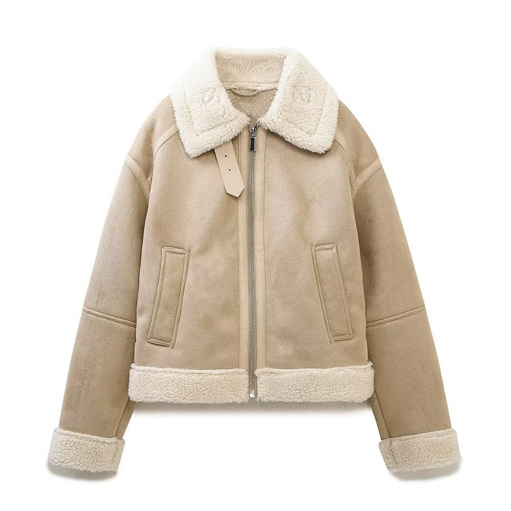 Women's Short Aviator Jacket with Teddy Lining and Faux Leather Look Amarae