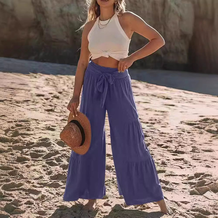 Airy Palazzo Pants for Women with Elastic Waist and Practical Tying Belt Lune London