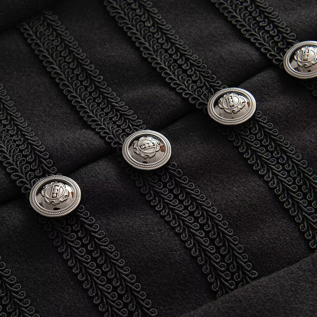 Women's short jacket in hussar style with stand-up collar, decorative cords and metal button placket Amarae
