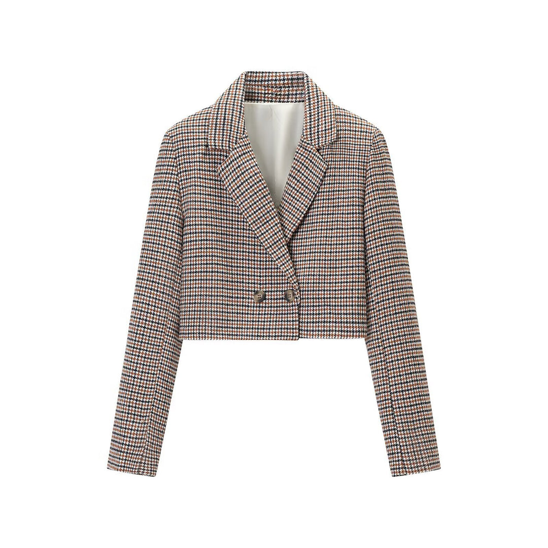 Women's Cropped Blazer in Houndstooth Pattern with Double-Breasted Button Placket Amarae