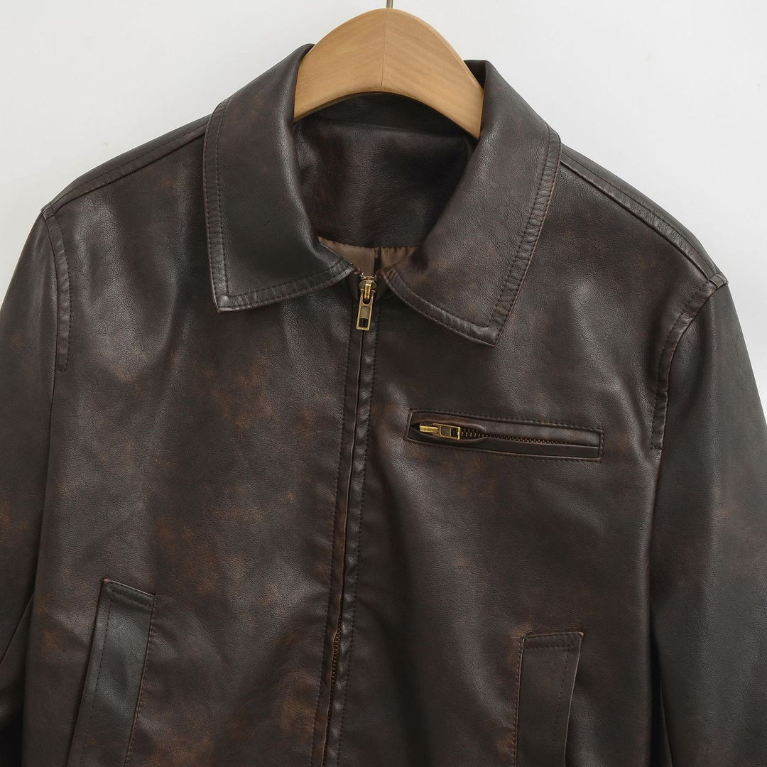 Men's vintage-inspired bomber style leather jacket with zipper and chest pocket Amarae