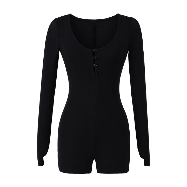 Women Fitted Long Sleeve Bodysuit with Button Placket and Short Shorts Amarae