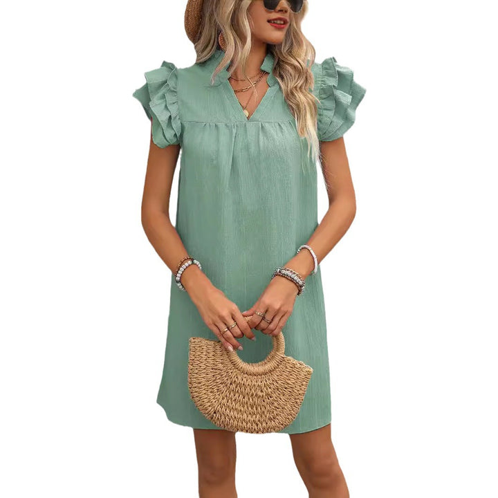 Elegant short-sleeve dress for ladies with ruffle details and V-neck Lune London