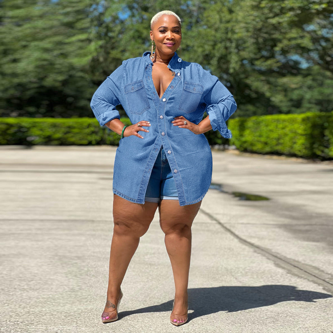 Ladies Oversized Denim Shirt Blouse in Longline Cut with Rolled Sleeves and Breast Pockets Amarae