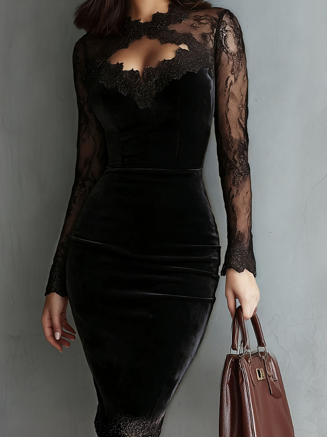 Ladies Elegant Velvet Dress with Lace Inserts and Tailored Cut Lune London