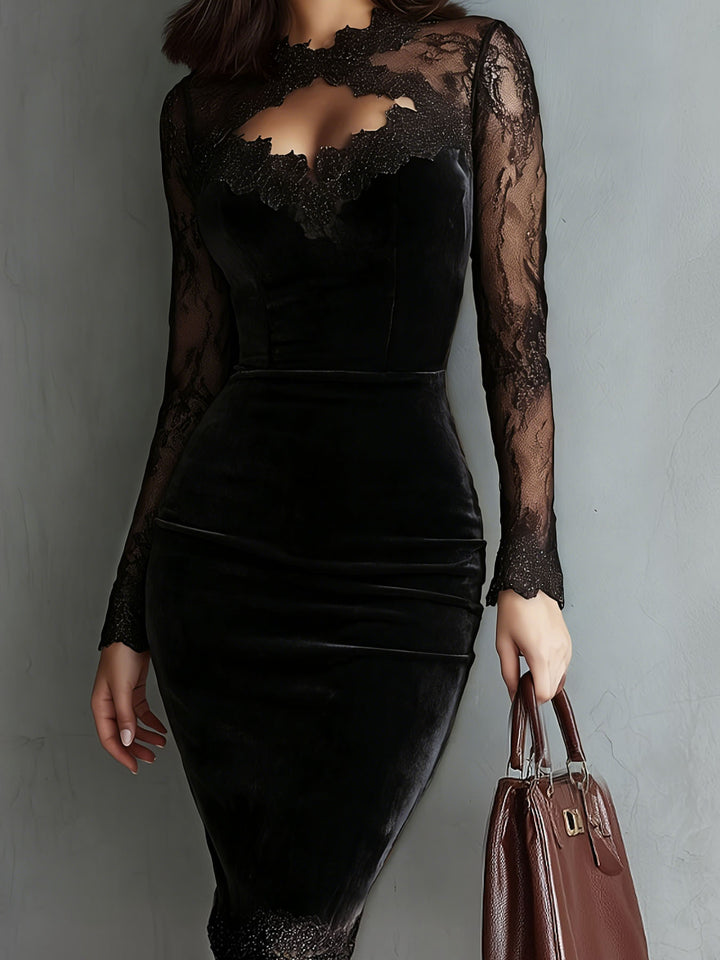 Ladies Elegant Velvet Dress with Lace Inserts and Tailored Cut Lune London