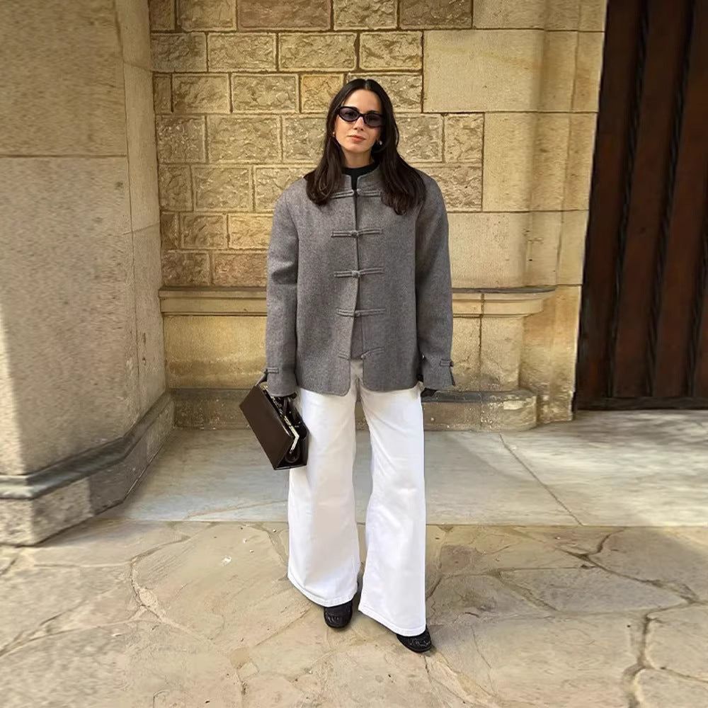 Women's Oversize Wool Blend Jacket with Mandarin Collar and Toggle Closures Amarae