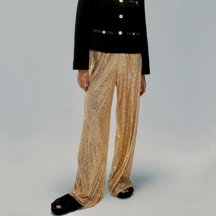 Women Sparkling Palazzo Pants with Shimmering Sequins and High Waist Lune London