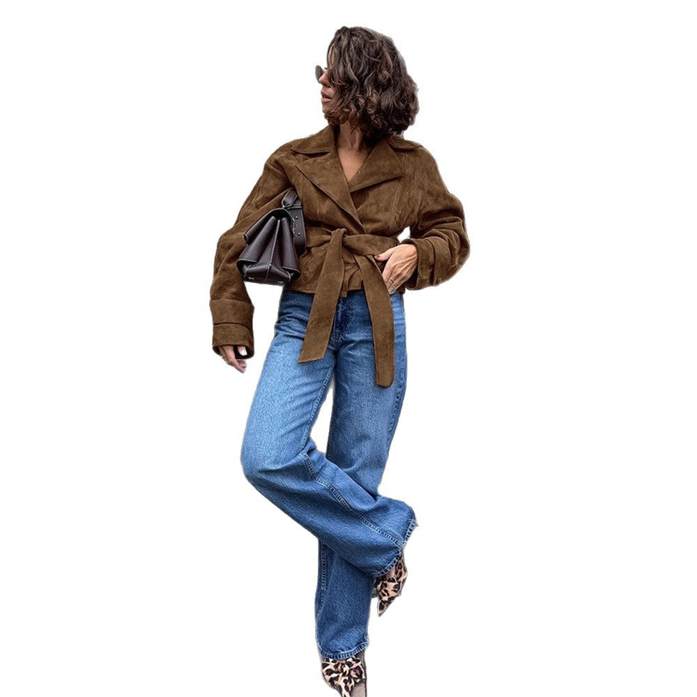 Women's short blazer in suede look with tie belt and boxy silhouette Amarae