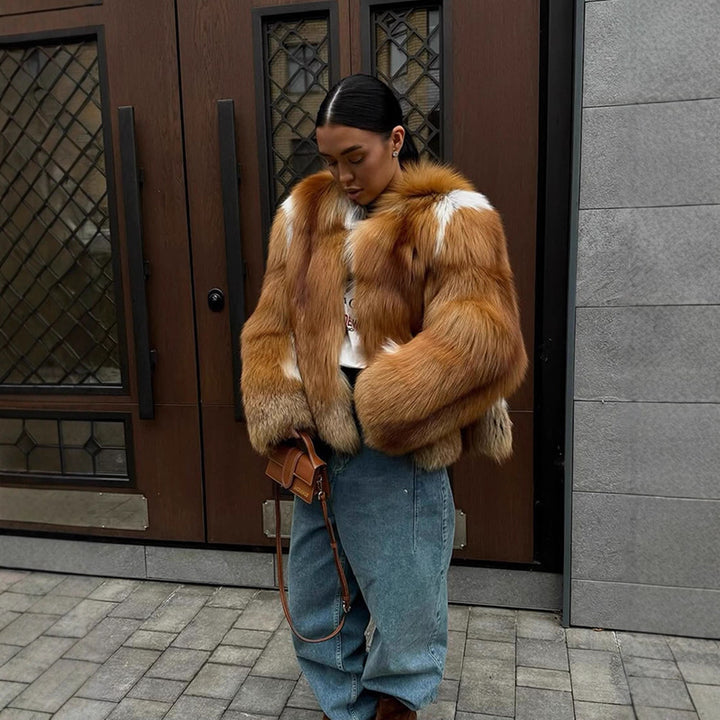 Women Boxy Short Coat in Multi-Layer Faux Fur Look with Voluminous Sleeves Amarae