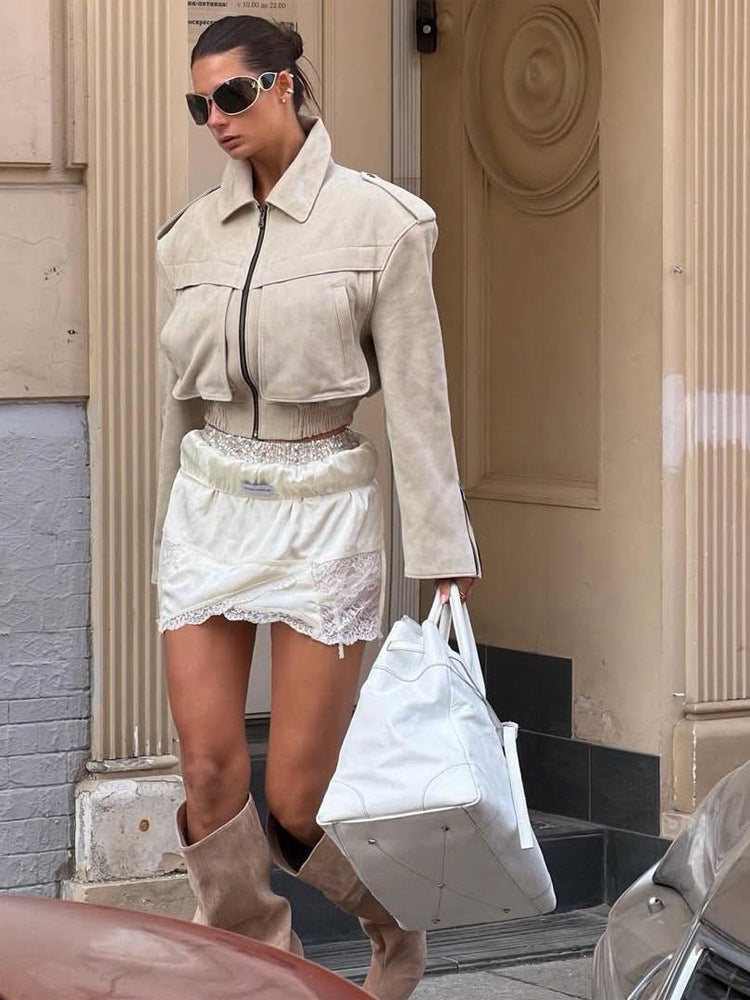 Women's Short Cut Suede Bomber Jacket with Zipper and Tailored Ribbed Cuffs Amarae