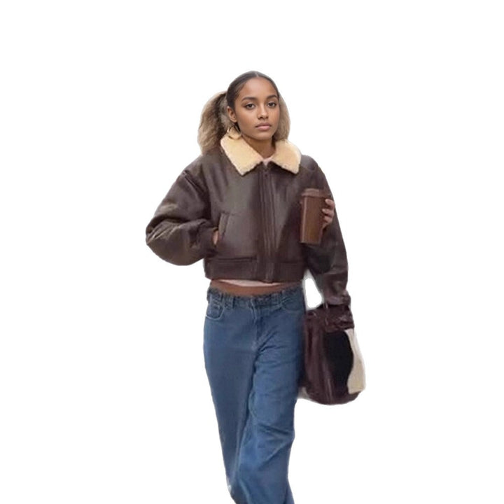Ladies Oversized Pilot Jacket in Biker Bomber Style with Teddy Collar Amarae
