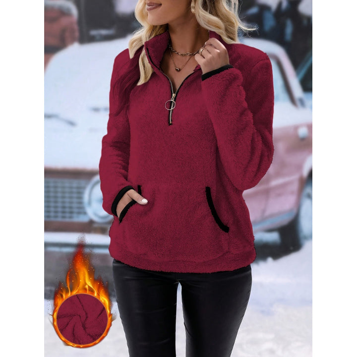 Women's fluffy fleece cuddle pullover with half zipper, kangaroo pocket and stand-up collar Amarae