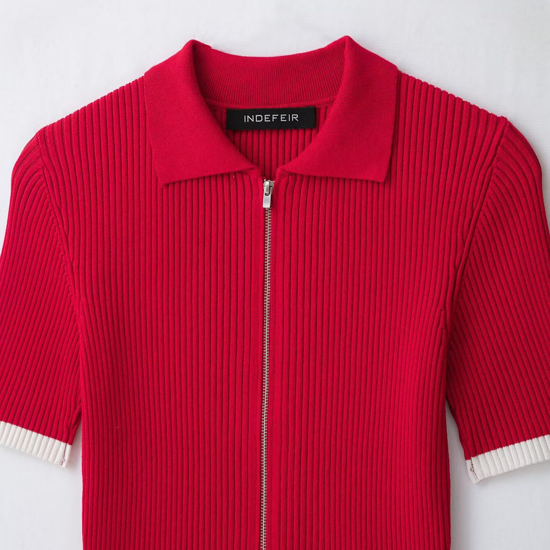 Women Ribbed Short Sleeve Polo Cardigan with Full Zip Amarae