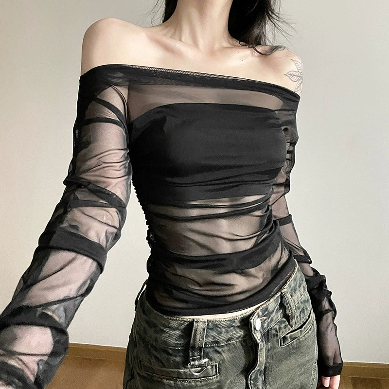Ladies Elegant Long Sleeve Top with Transparent Mesh and Ruching Lune London