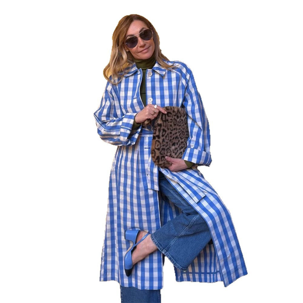 Women's long checkered coat with waist belt and shirt collar Amarae
