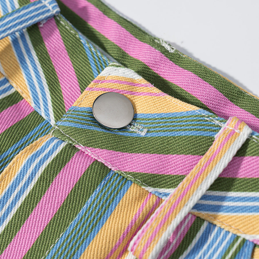 Women's straight-cut high-waisted pants with vertical multi-stripe pattern and five-pocket cut Amarae