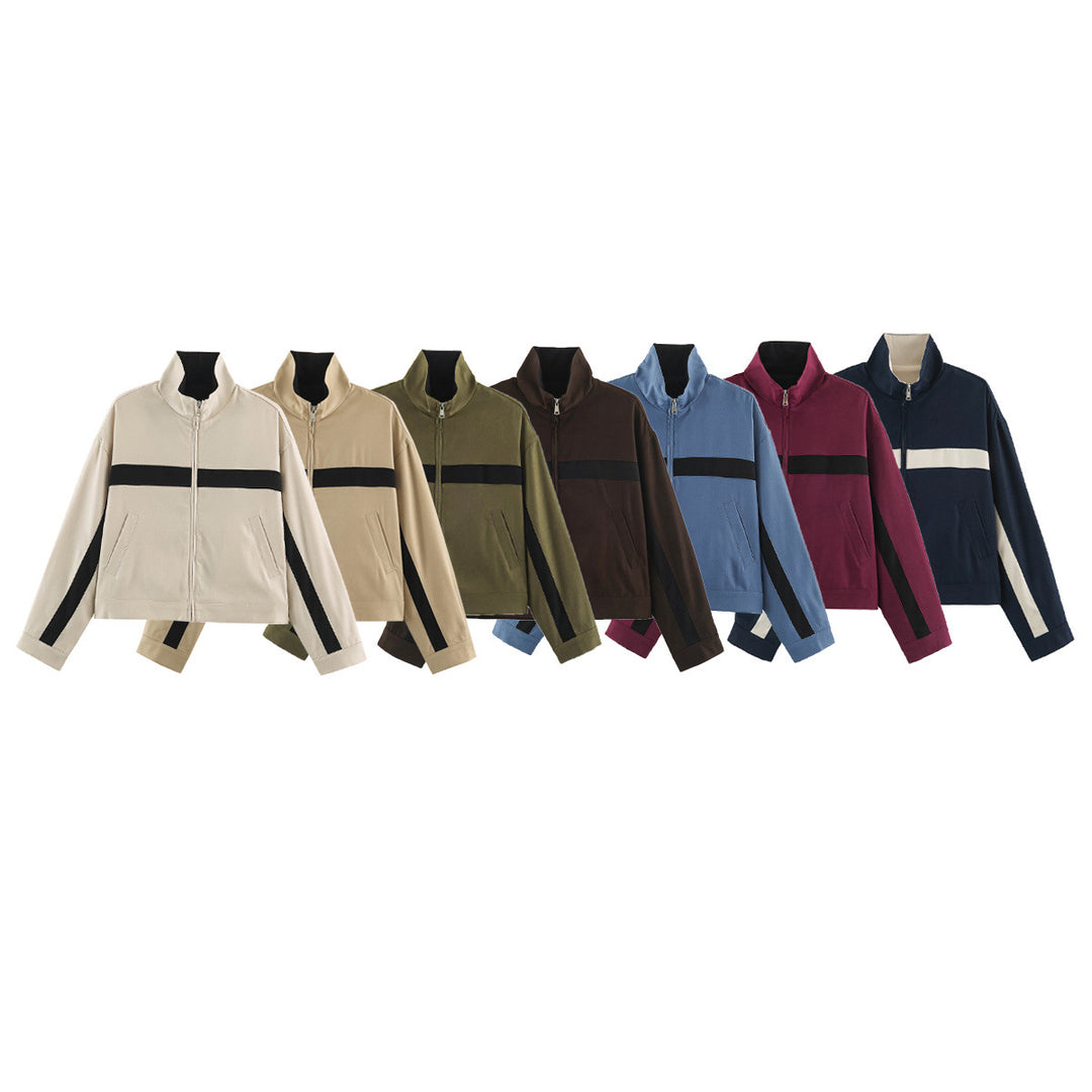 Ladies Cropped Track Jacket with Stand-up Collar, Zipper and Side Contrast Stripes Amarae
