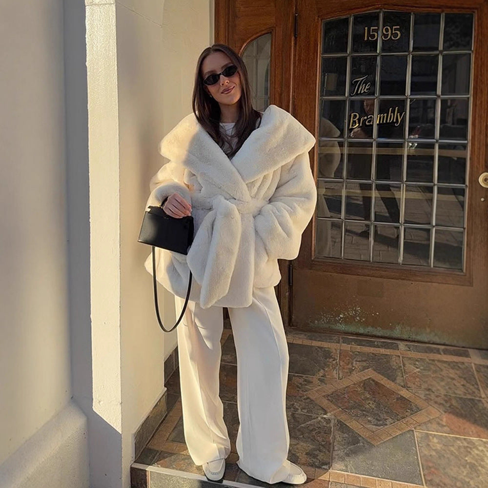 Women's Oversized Teddy Coat with Extra Large Shawl Collar and Wrap Belt Amarae