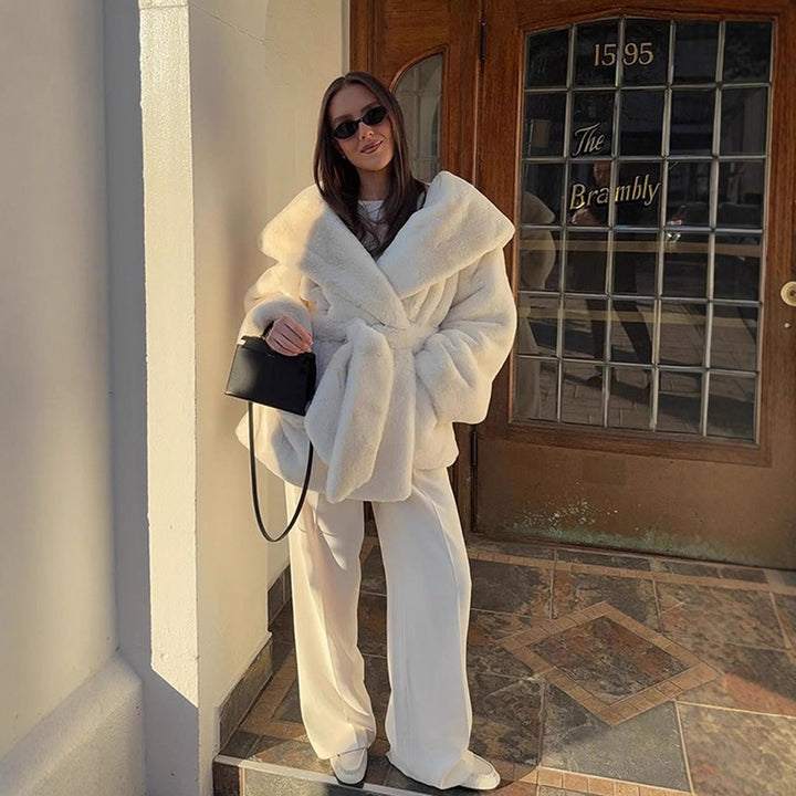 Women's Oversized Teddy Coat with Extra Large Shawl Collar and Wrap Belt Amarae