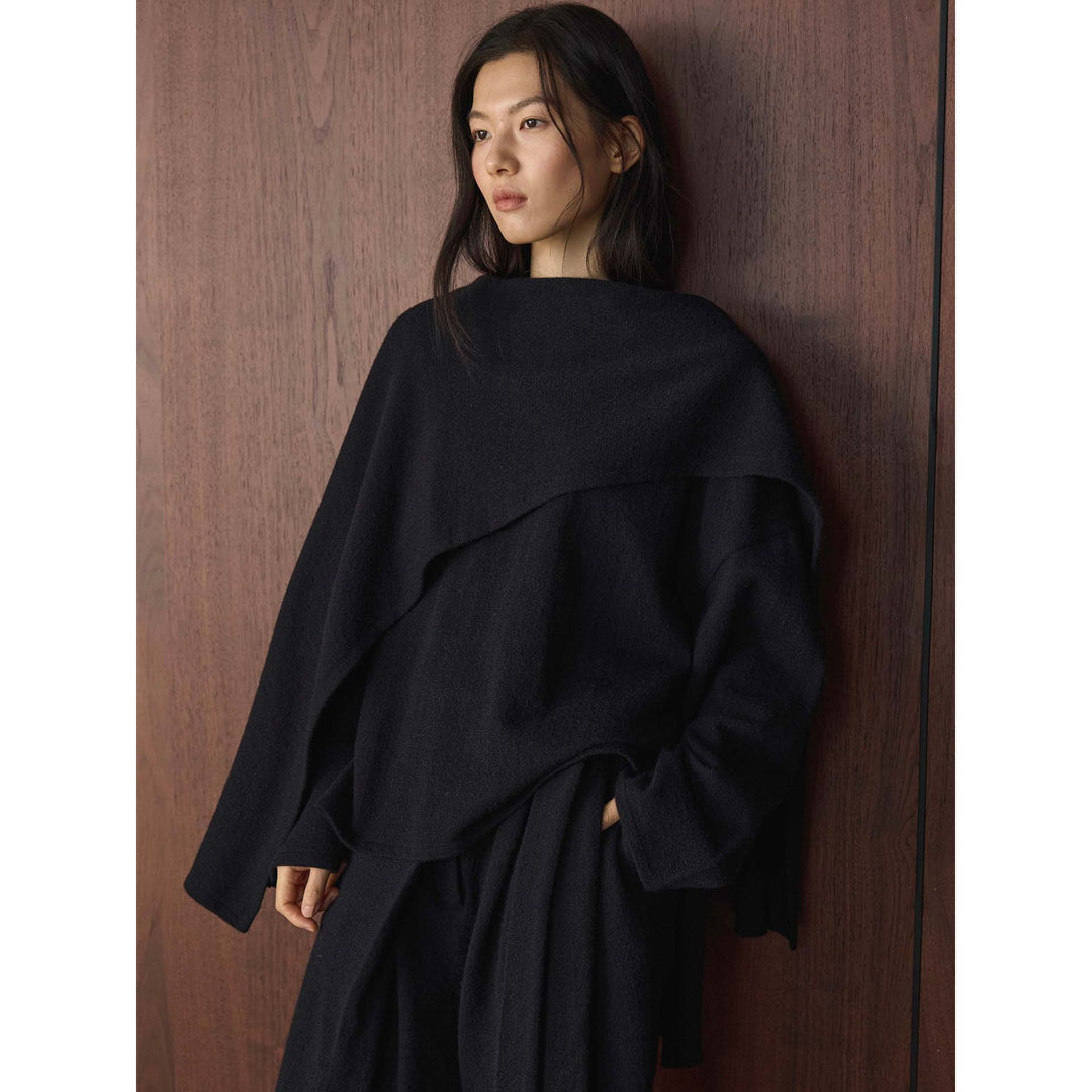 Women Asymmetric Wool Blend Poncho with Wide Boat Neck and Layered Look Amarae