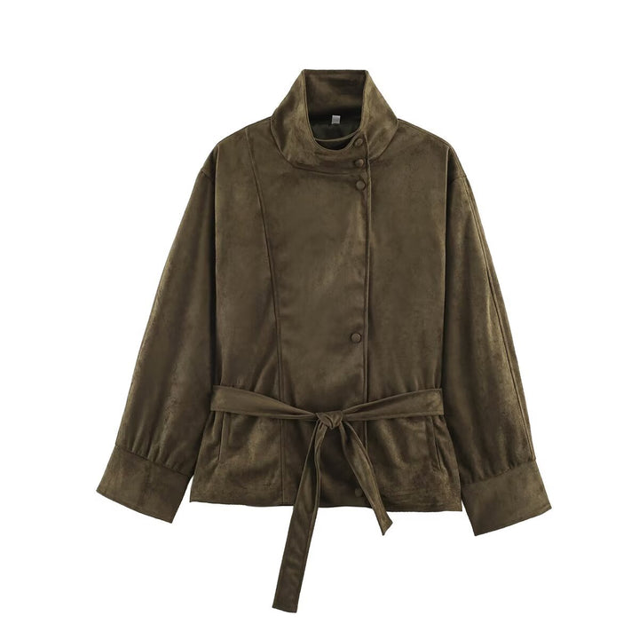 Women's Boxy Wrap Jacket in Velour Look with High Stand-Up Collar and Tie Belt Amarae
