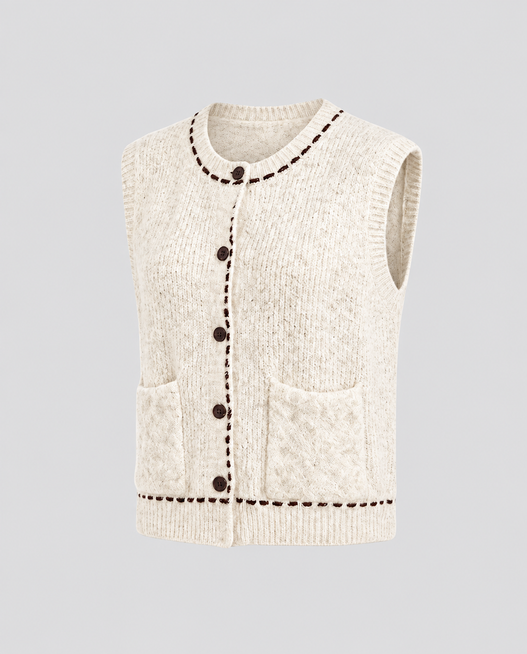 Ladies sleeveless short knit vest with contrast stitching and patch pockets Amarae
