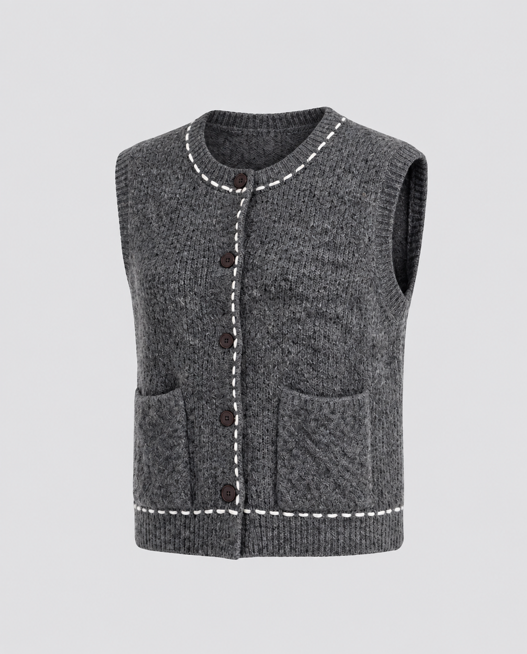 Ladies sleeveless short knit vest with contrast stitching and patch pockets Amarae