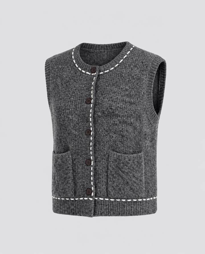 Ladies sleeveless short knit vest with contrast stitching and patch pockets Amarae