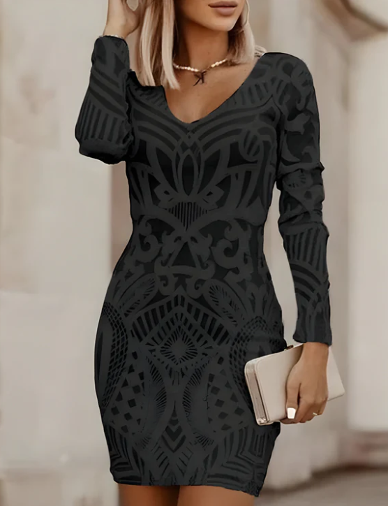 Chic Und Stil | Form-Fitting Bodycon Dress with V-Neck & Pattern Texture