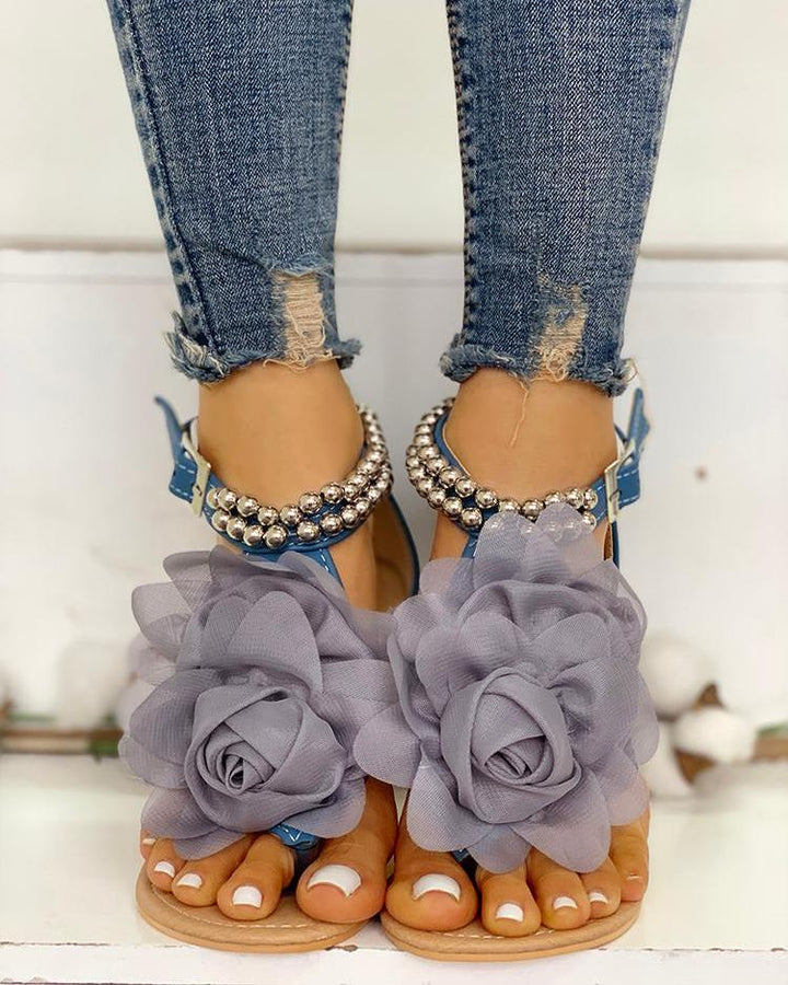 Lune London | Comfortable Flower Bead Straps Flat Sandal